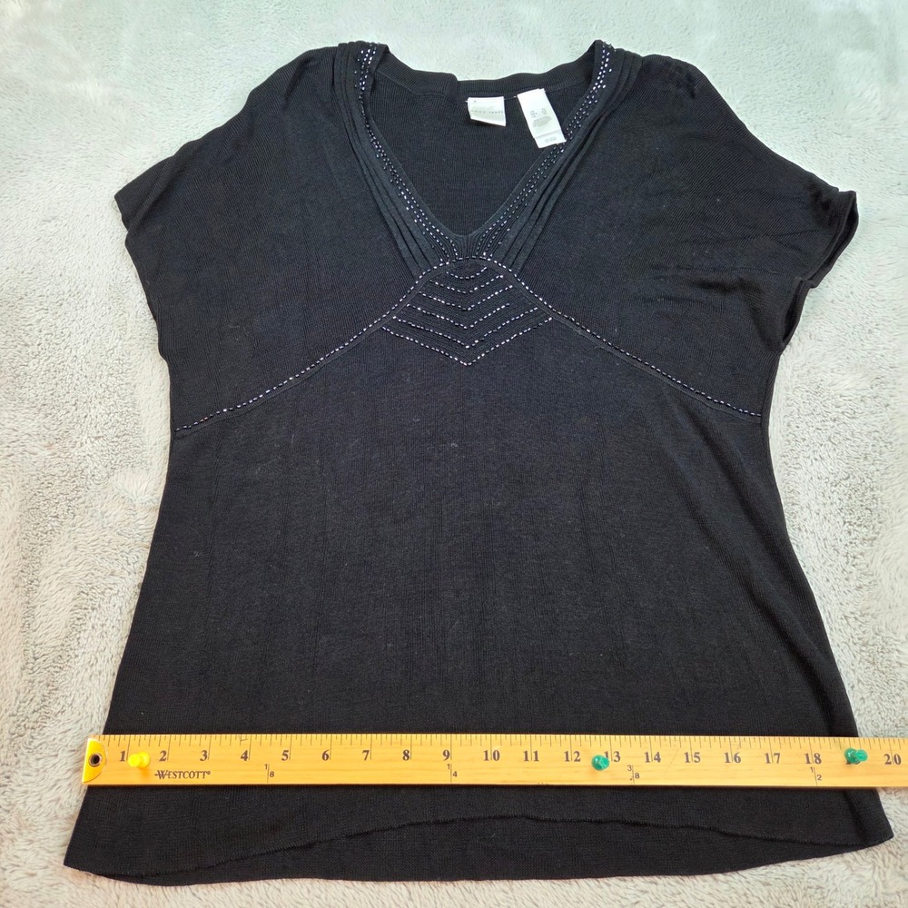 Emma James Silk Knit Top Womens XL Beaded V-Neck Cap Sleeve Pullover Black Top